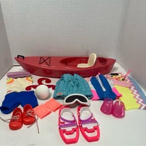 OUR GENERATION GIRL 18” DOLL Kayak and SPORTS CLOTHES outfits lot toys